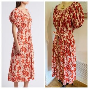 THE GREAT. Seascape Floral Crinkle Cotton Midi Dress Burnt Red Hibiscus Small